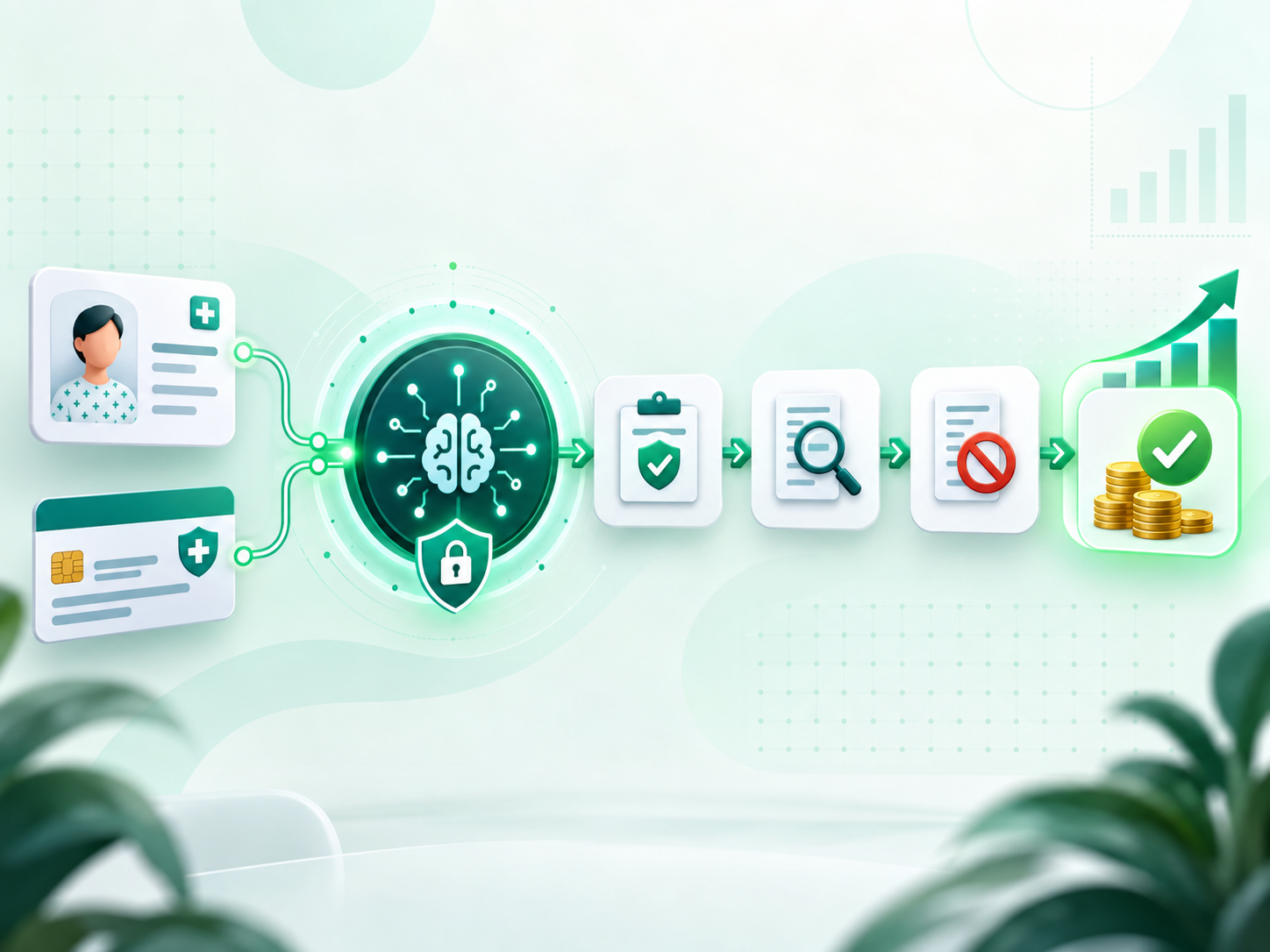 Healthcare revenue cycle workflow moving through secure AI automation to approved payment