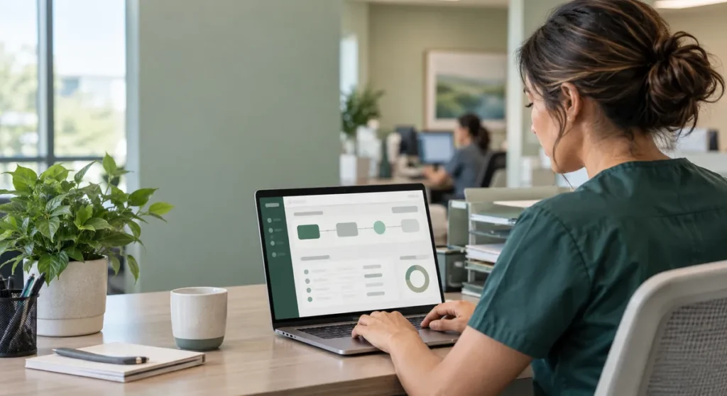 Revenue cycle specialist reviewing an automated billing workflow on a laptop