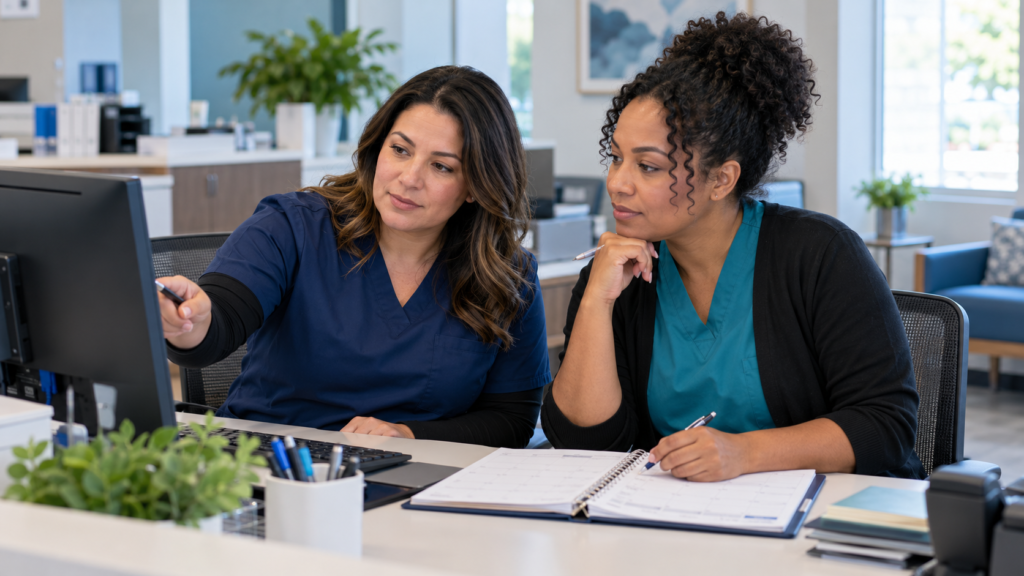 Two medical billing professionals reviewing insurance verification information at a clinic desk